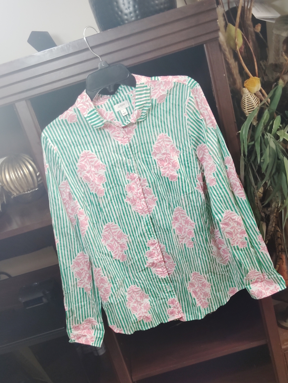 J. Crew Green & Pink Striped Floral Button-Down Shirt